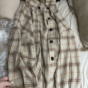 SHEIN Cream Pleated Button Down Shirt with Mandarin Collar